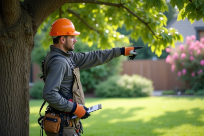 Arboriste inspectant un chêne dans un jardin résidentiel