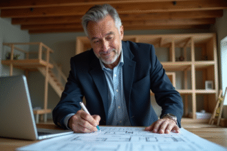 Architecte en intérieur avec plans et maison en construction