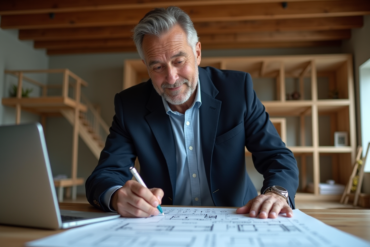 Architecte en intérieur avec plans et maison en construction