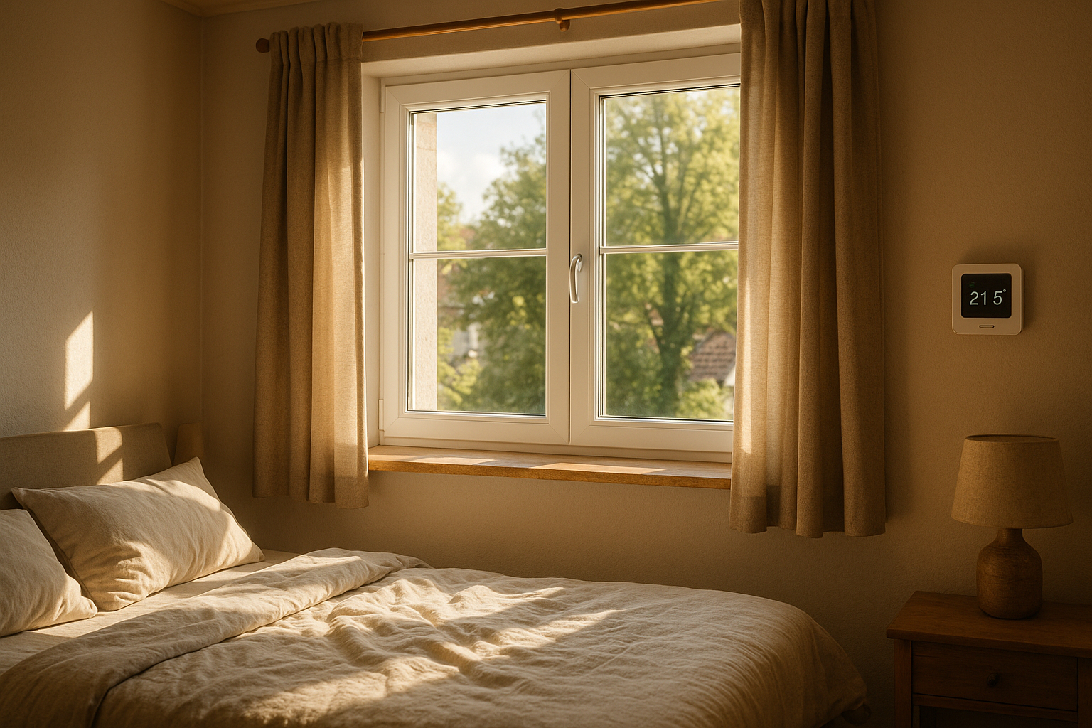 Intérieur de chambre avec fenêtres à double vitrage et thermostat numérique