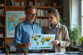 Climatologue expliquant un diagramme bioclimatique dans un bureau