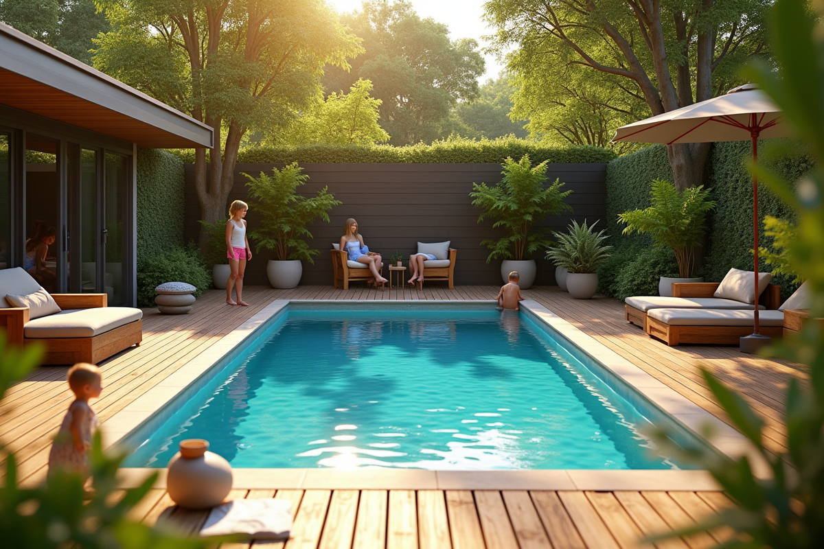 Espace familial autour de la piscine avec enfants et plantes vertes