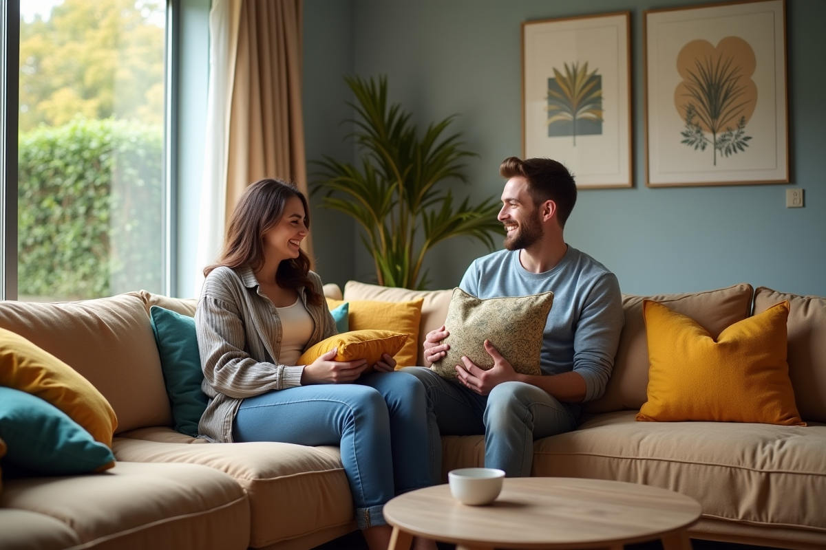 Jeune couple arrangeant des coussins dans le salon