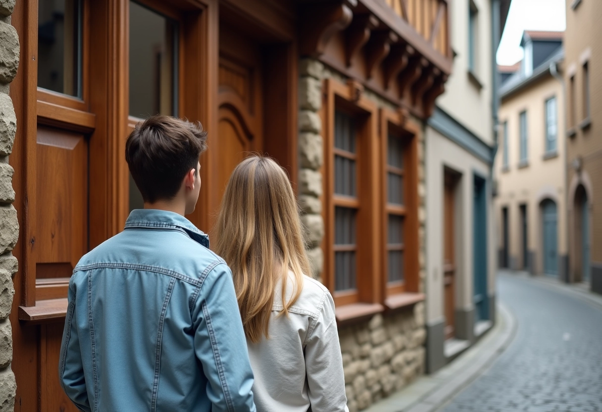 Jeune couple observant une maison en bois rénovée
