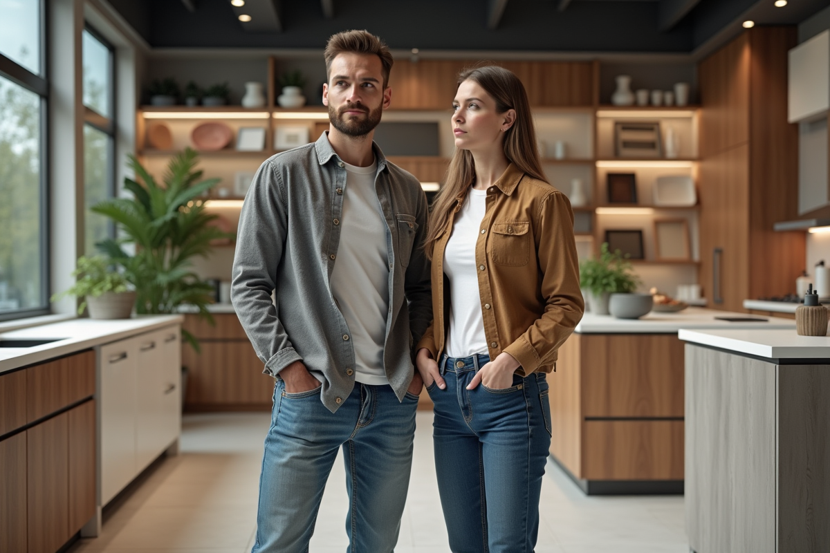 Jeune couple exploreur de materiaux de cuisine en showroom