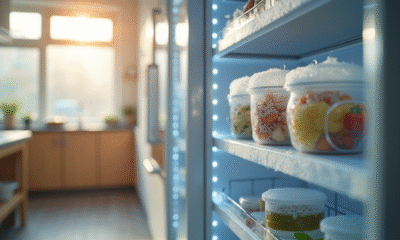 Intérieur de cuisine avec congélateur entrouvert et givre