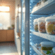 Intérieur de cuisine avec congélateur entrouvert et givre