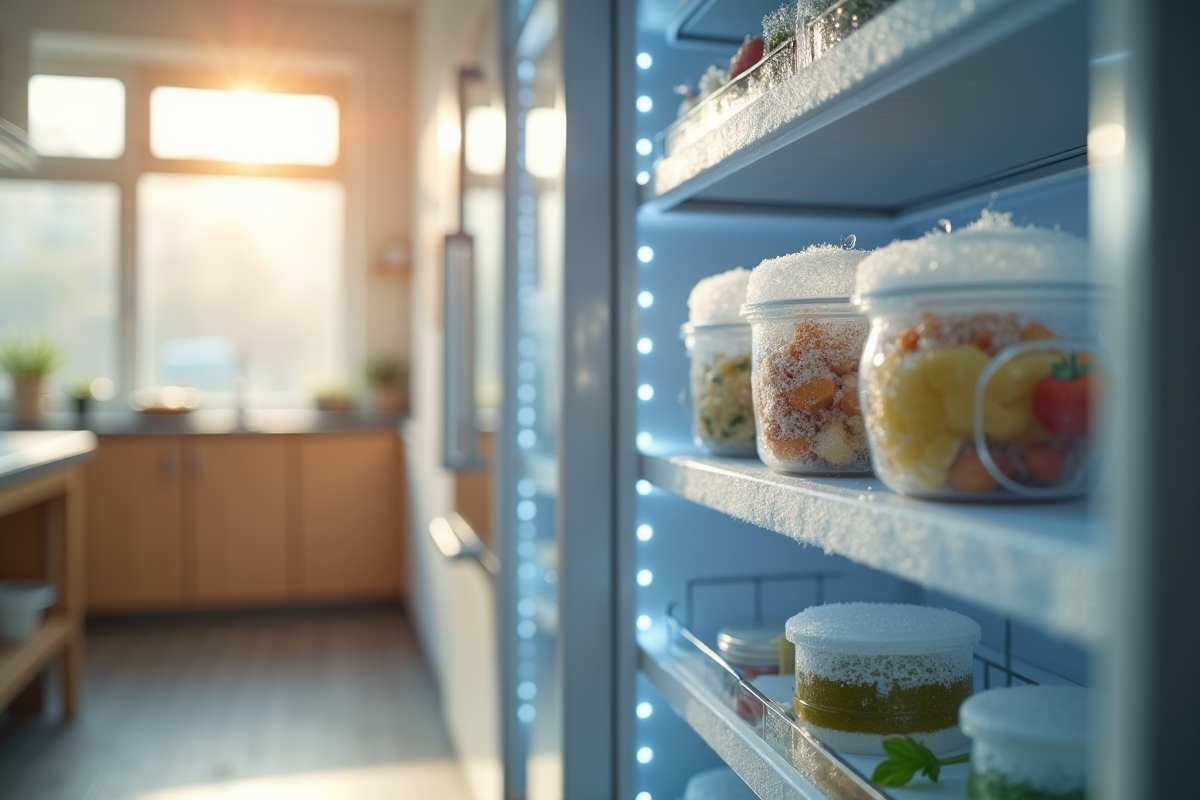 Intérieur de cuisine avec congélateur entrouvert et givre
