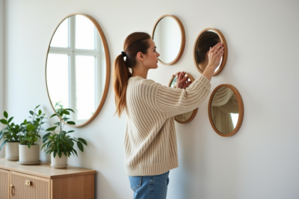 Femme posant avec miroirs dans un salon moderne