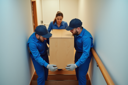 Groupe de déménageurs en action dans un appartement moderne