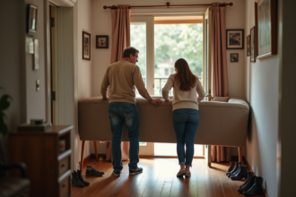 Un couple déplace un vieux canapé dans une maison chaleureuse