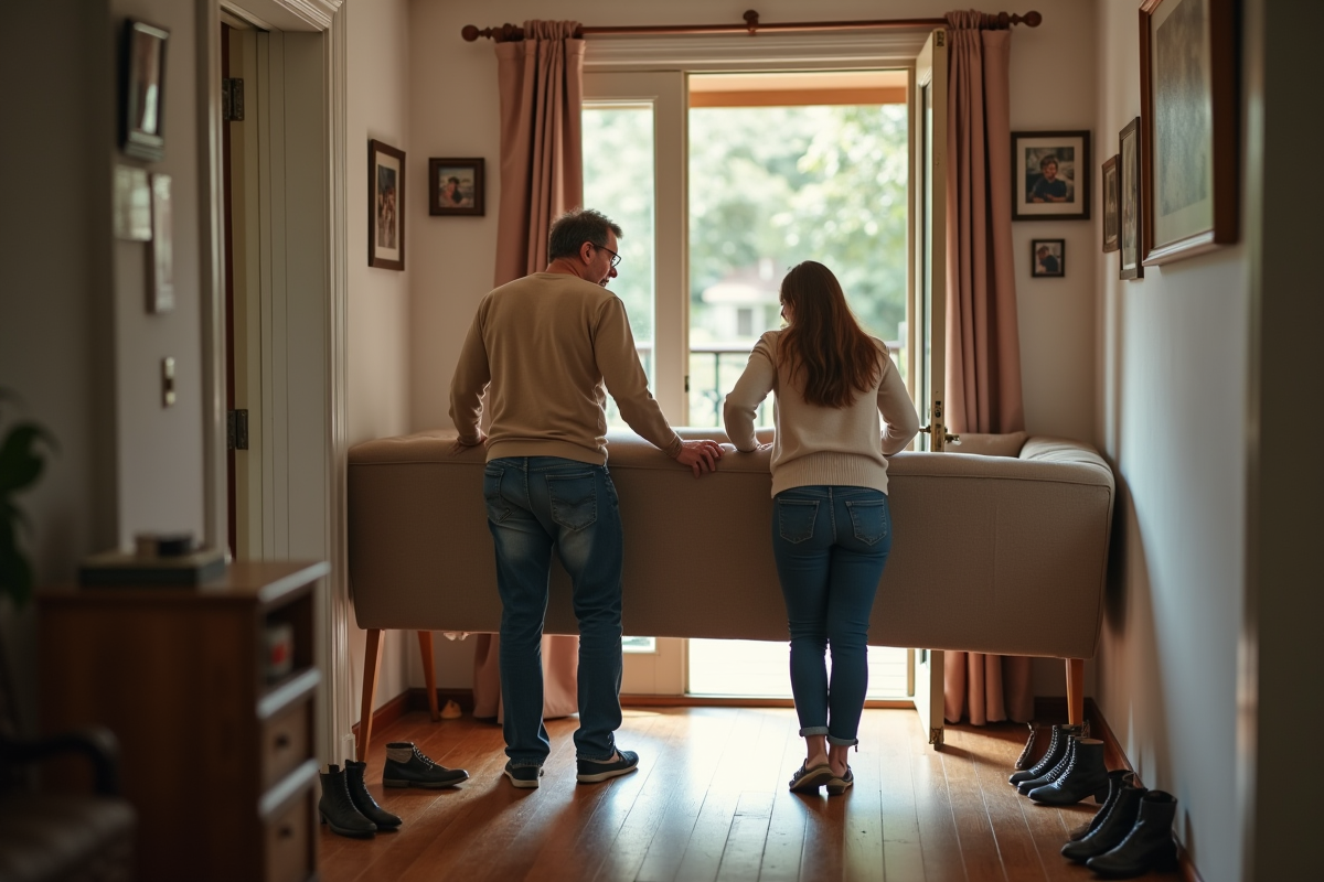 Un couple déplace un vieux canapé dans une maison chaleureuse