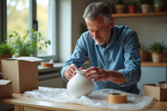 Homme emballant une vase en céramique dans une cuisine chaleureuse