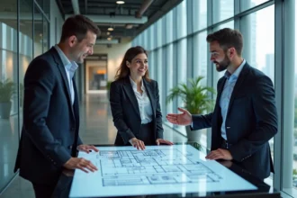 Groupe d'architectes autour d'une table digitale futuriste