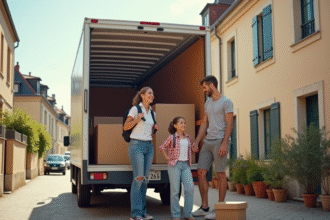 Famille chargeant des cartons dans un camion en France