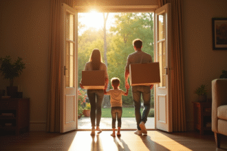 Famille heureuse sortant de leur maison ensoleillée avec des cartons