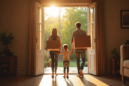 Famille heureuse sortant de leur maison ensoleillée avec des cartons