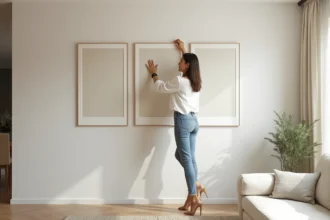 Femme ajustant des œuvres d'art dans un salon élégant