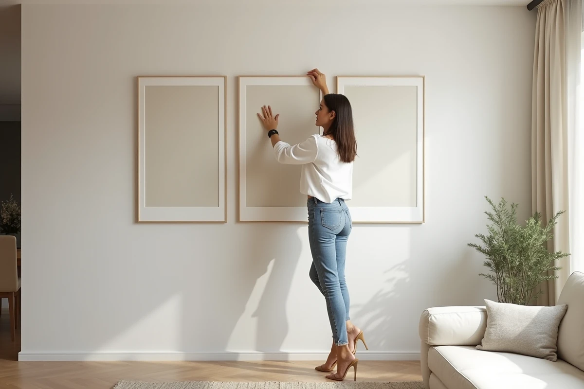 Femme ajustant des œuvres d'art dans un salon élégant