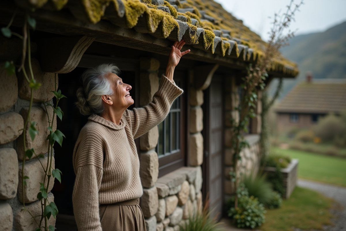 Femme âgée touchant les tuiles de pierre d un toit ancien