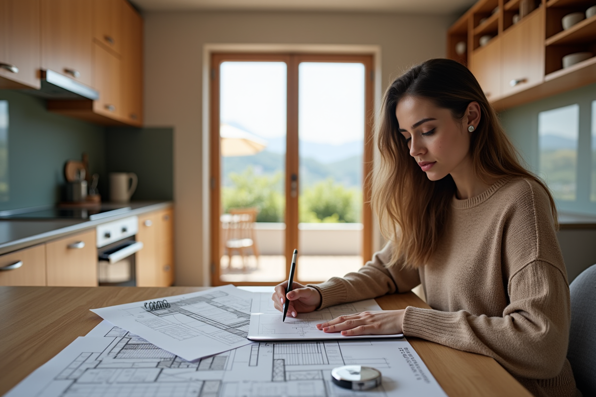 Jeune femme avec documents immobiliers à la maison