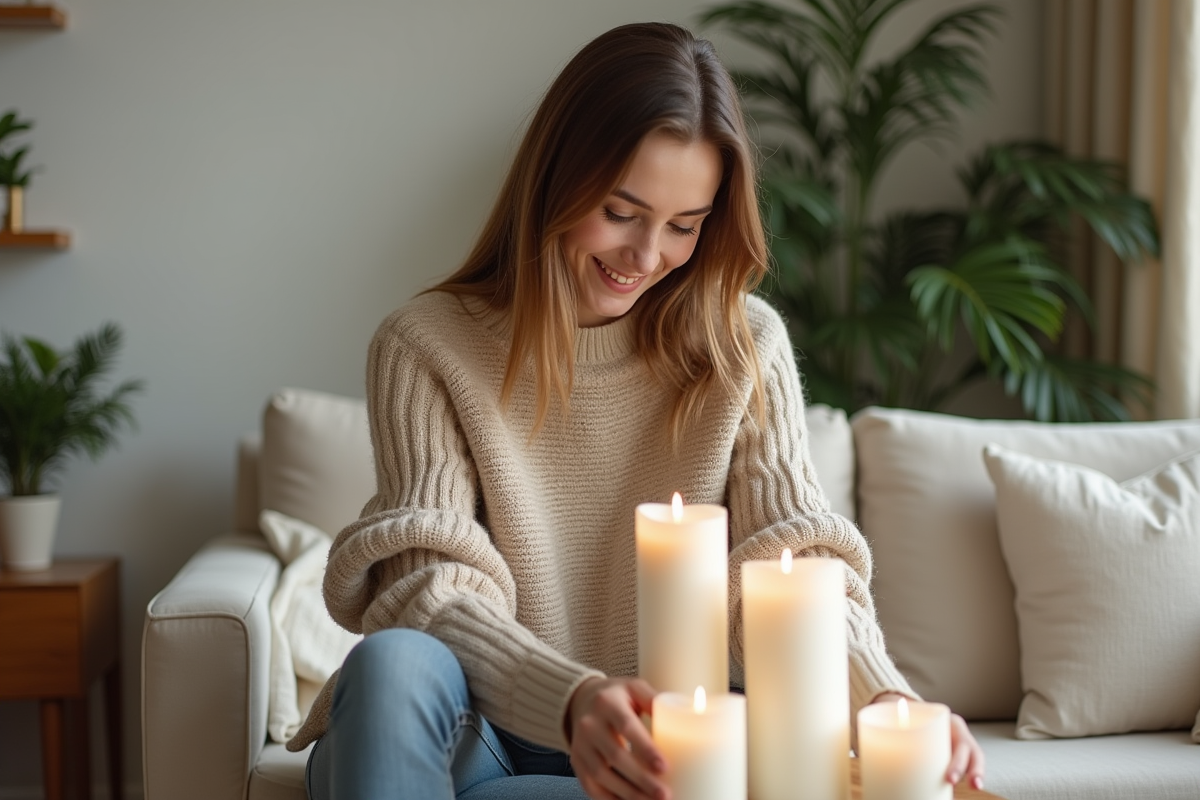 Jeune femme arrangeant des bougies blanches dans un salon cosy