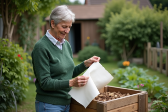 Femme en vert compostant dans son jardin