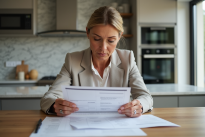 Femme d'affaires examine une facture de renovation cuisine