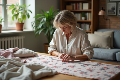 Femme mesurant un tissu floral dans un salon lumineux
