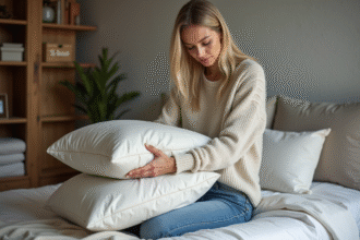 Femme d'âge moyen plie un vieux duvet dans une chambre moderne