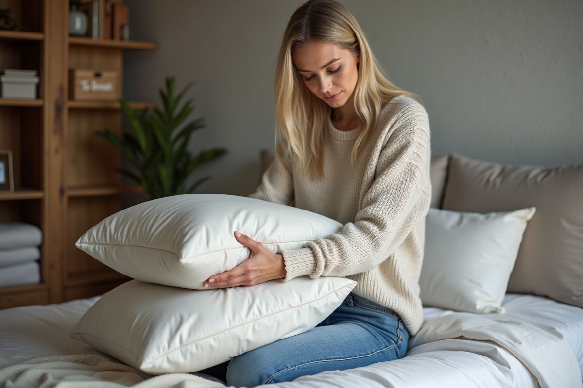 Femme d'âge moyen plie un vieux duvet dans une chambre moderne