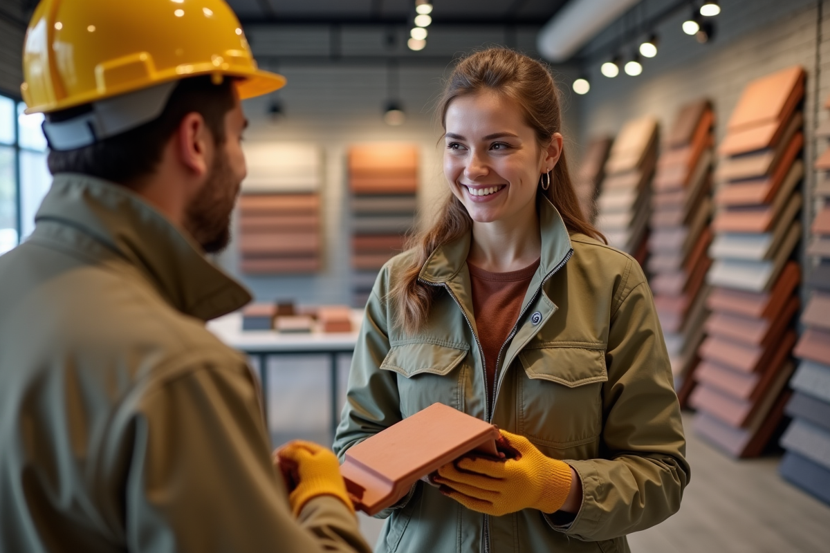 Jeune femme tenant un échantillon de tuiles en terre cuite écologique