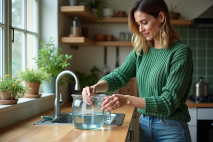 Femme versant de l'eau de pluie dans un système DIY
