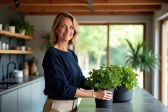 Femme souriante dans la cuisine avec plantes vertes