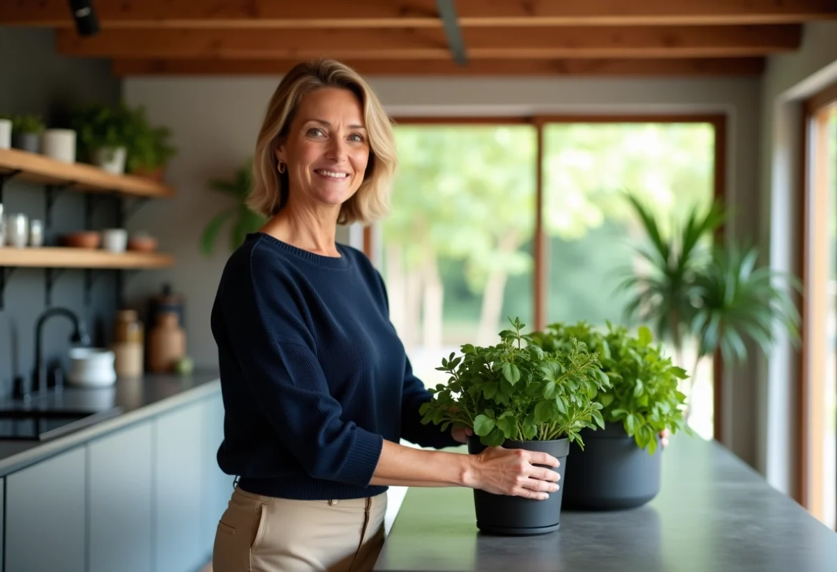 Femme souriante dans la cuisine avec plantes vertes