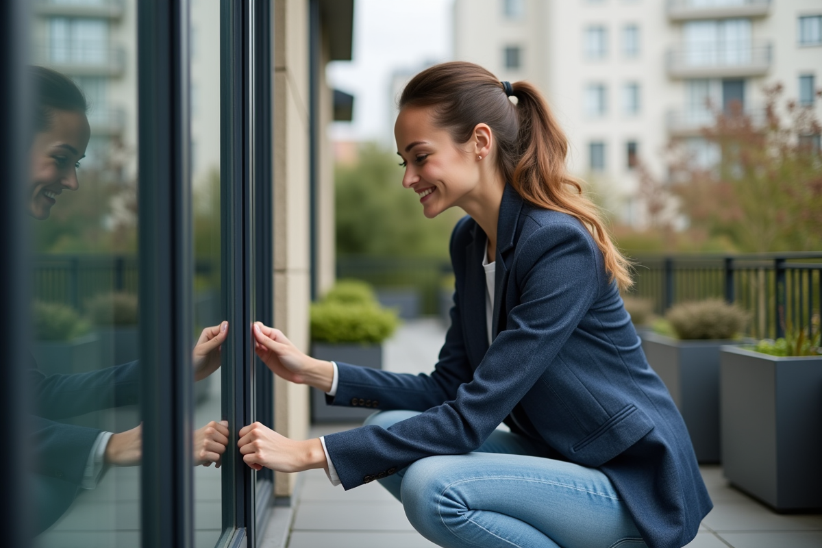 Jeune femme inspectant une fenêtre double vitrage sur un balcon