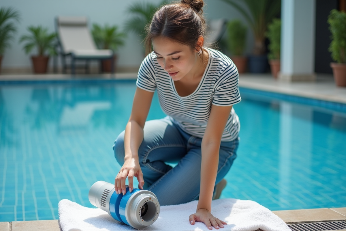 Jeune femme inspectant un filtre de piscine intérieur
