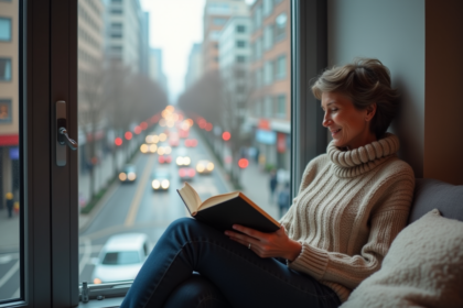 Femme d'âge moyen lisant dans un salon calme avec grande fenêtre