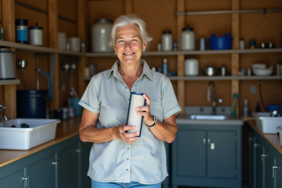 Femme tenant un filtre de piscine dans un local technique