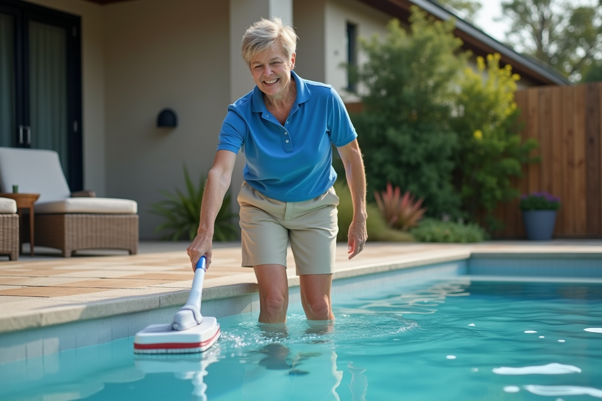 Femme en polo bleu nettoyant la piscine extérieure