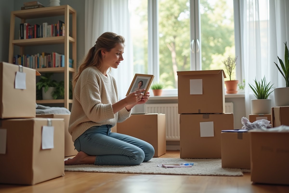 Femme organisant des cartons dans un salon lumineux