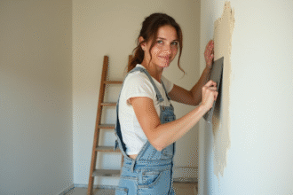 Femme en overalls lissant un mur en plâtre avec une spatule