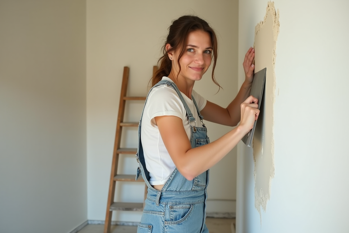 Femme en overalls lissant un mur en plâtre avec une spatule