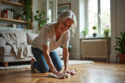 Femme appliquant du polish sur parquet en parquet dans un salon lumineux
