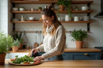 Femme en cuisine préparant une salade dans une cuisine écologique