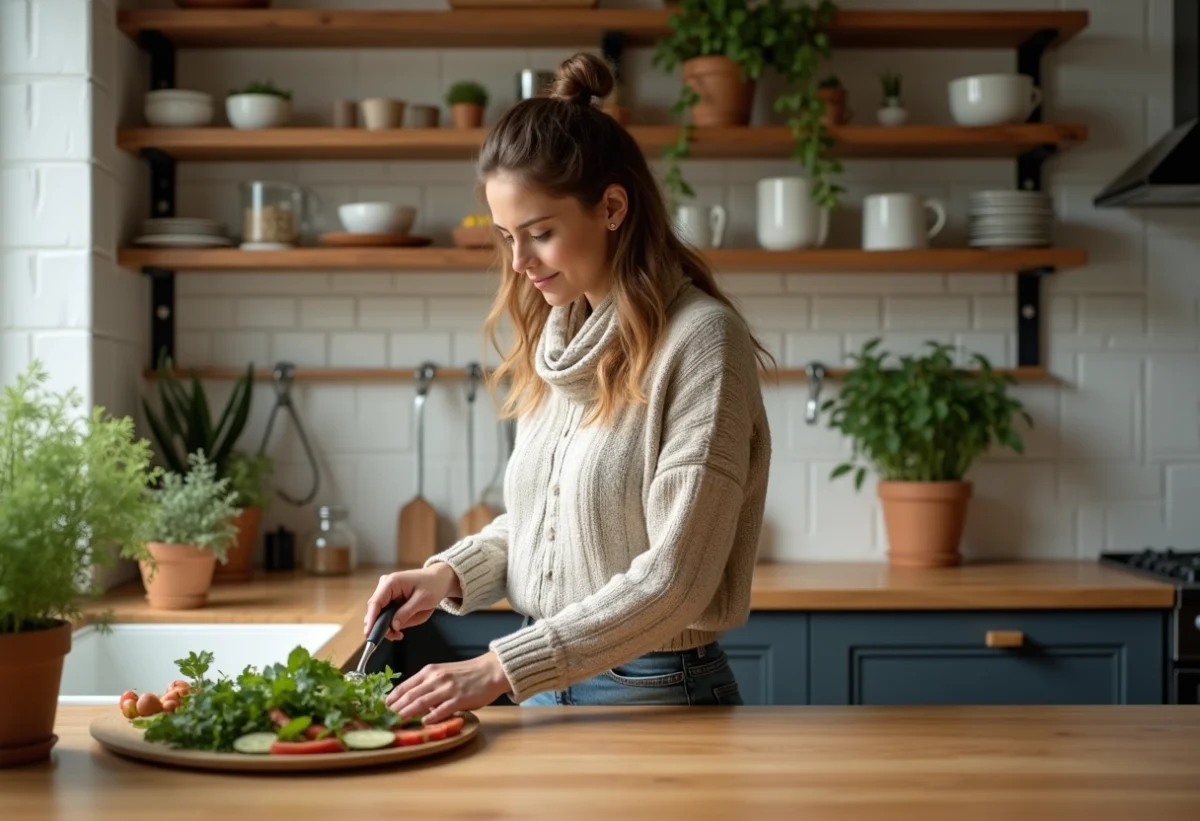 Femme en cuisine préparant une salade dans une cuisine écologique