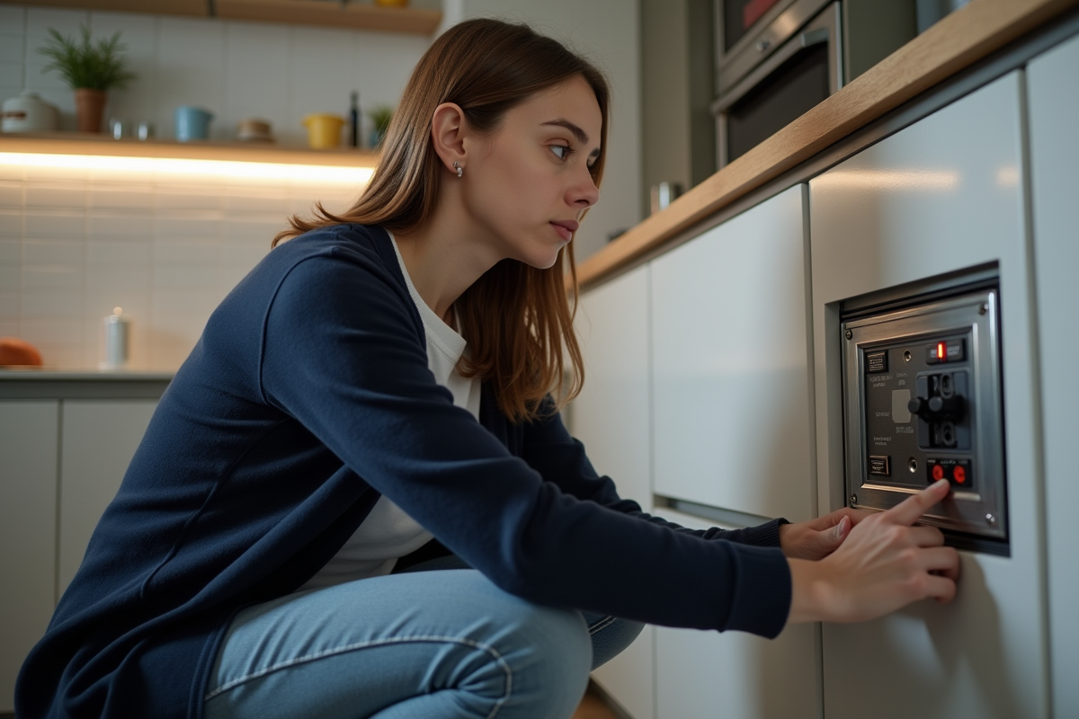 Jeune femme réparant un circuit électrique dans une cuisine moderne