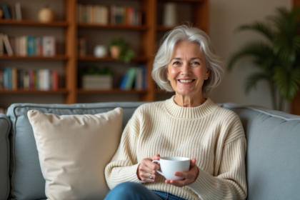 Femme souriante dans un salon cosy avec tasse de thé