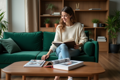 Femme souriante dans un salon vert en sofa velours