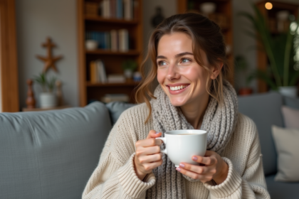 Femme souriante en salon avec pull en chanvre et tasse de thé